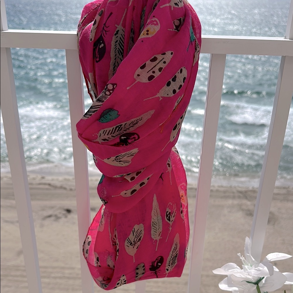 Vibrant bohemian scarf lightweight Pink Feather Print eternal Scarf - Picture 4 of 6
